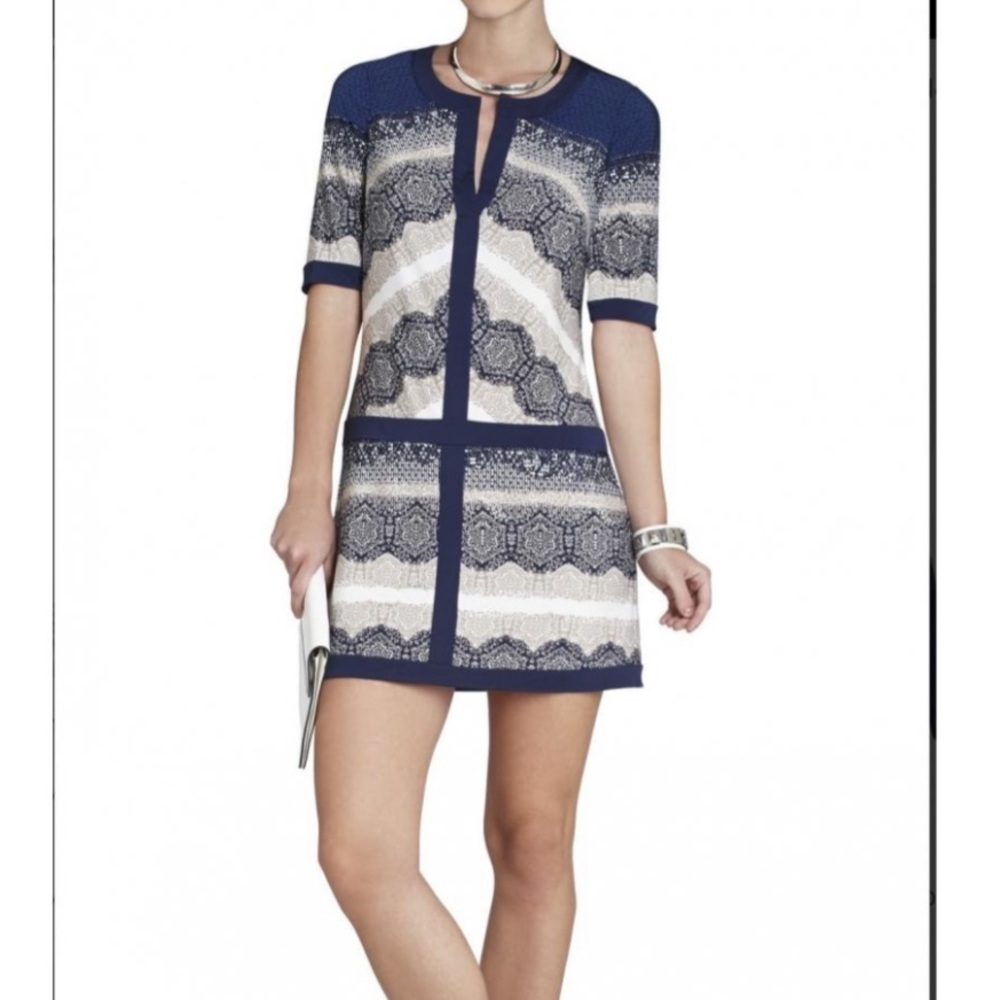 BCBGMAXAZRIA Daly Ink Blue Tan Combo Dress